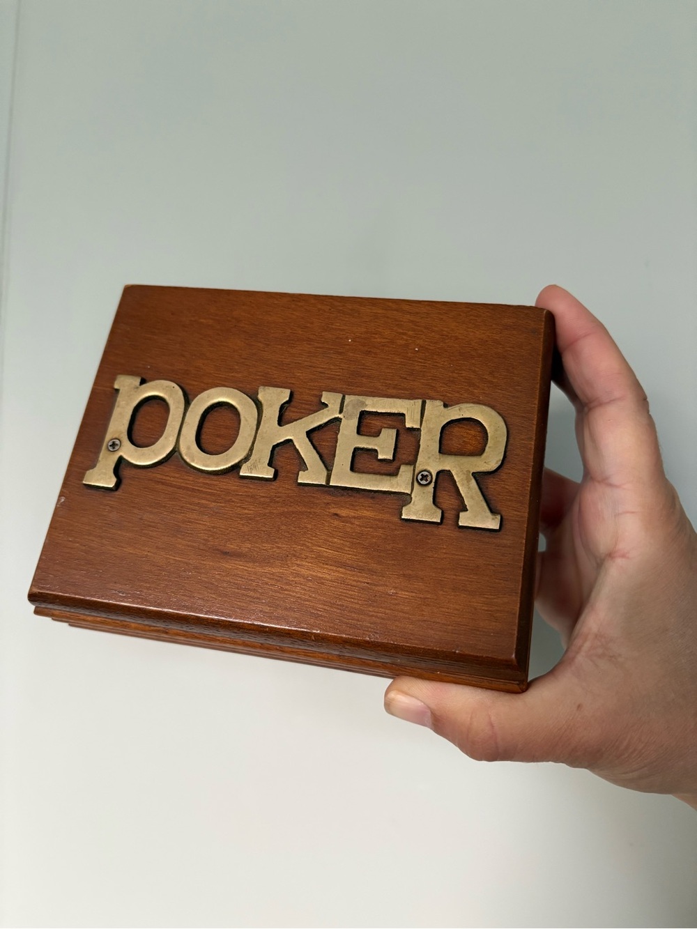 Vintage Wooden Poker Box with Brass Lettering 1970s